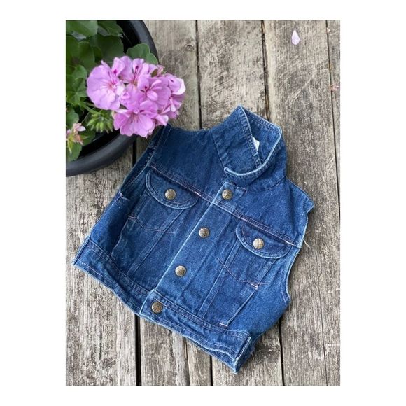 Vintage Denim Vest Sleeveless Embroidery Sz 12M Moto Floral - Picture 2 of 4